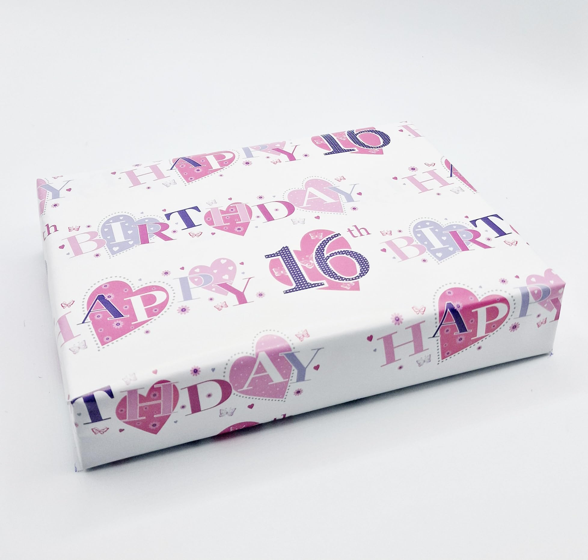 4 Sheets + 4 Gift Tags Heart Design 16th Birthday Pink Female Wrapping Paper Age 16 Birthday Gift Wrap Paper Pink Female (PA)