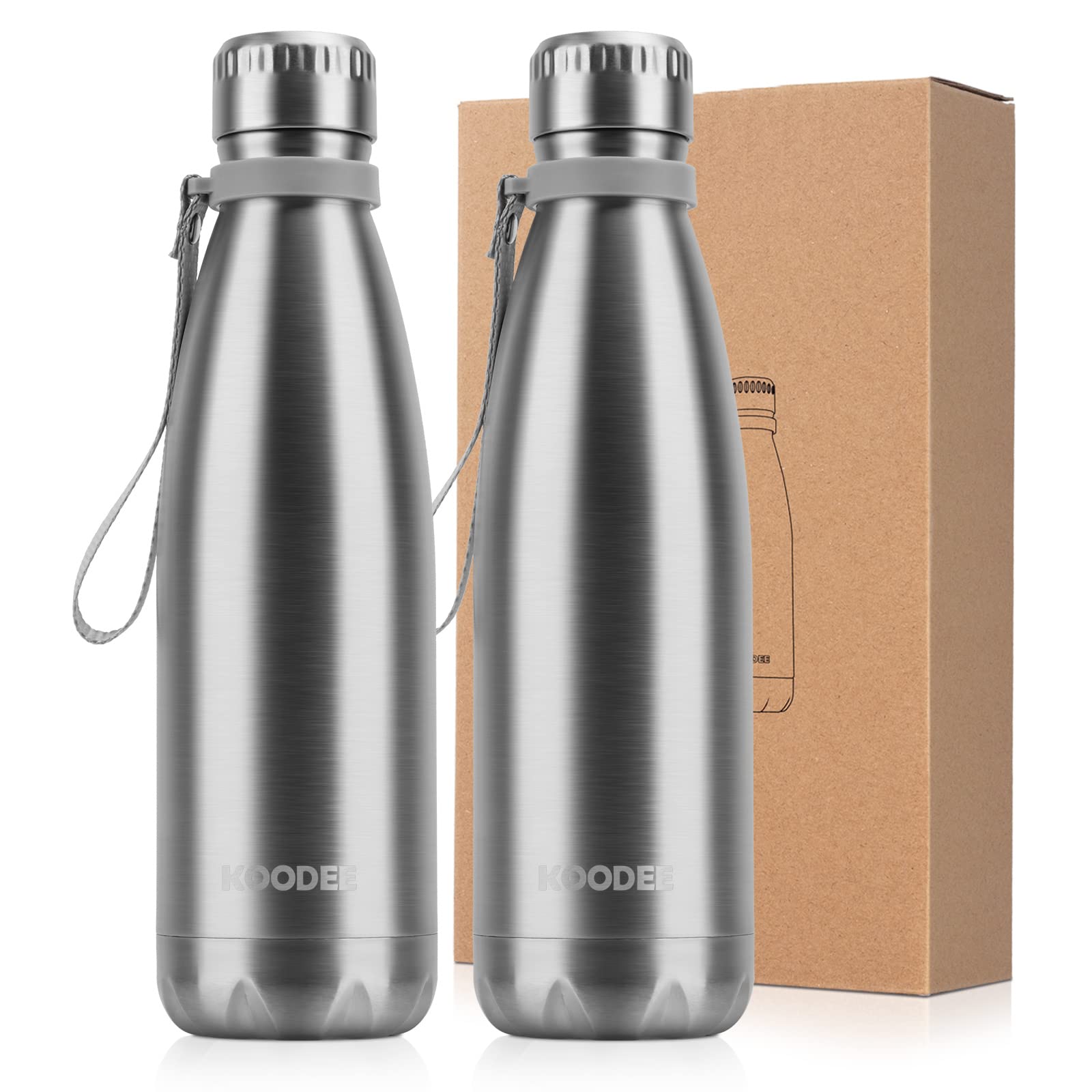 koodee Stainless Steel Water Bottle, 2 Pack 17 oz/500 ml Insulated Water Bottle, Double Wall Vacuum Sports Water Bottle, for School, Fitness, Running-PBA Free