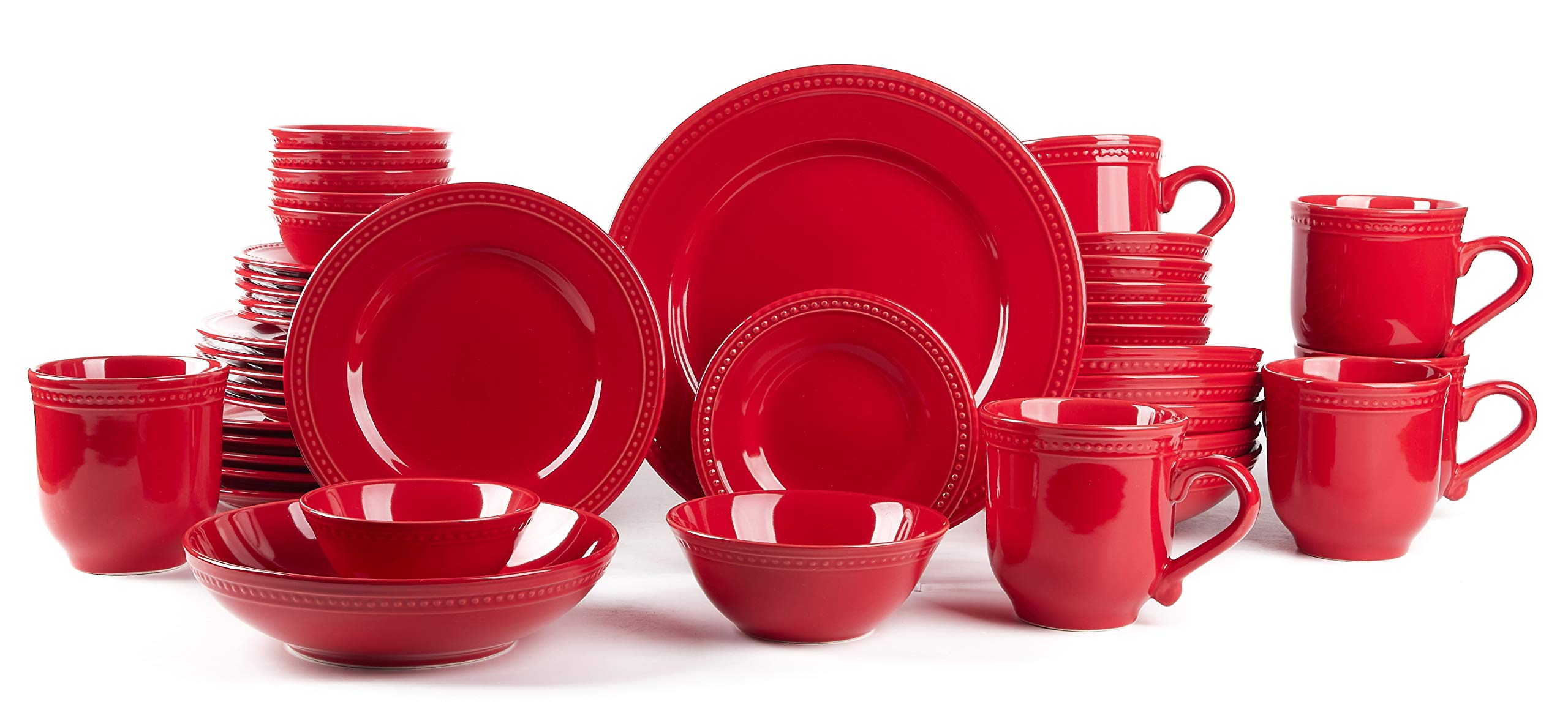 HomeVss, Pearl Dots Stoneware Dinnerware Set (42pc Set, Red) Image