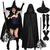 Chicingyou 5 Pcs Halloween Witch Costume Women Cape Set | Adult Witch Costume for Women Cosplay Party, with Witch Hooded Cloak, Hat, Broomstick Prop, Socks, Gloves, Halloween Costume