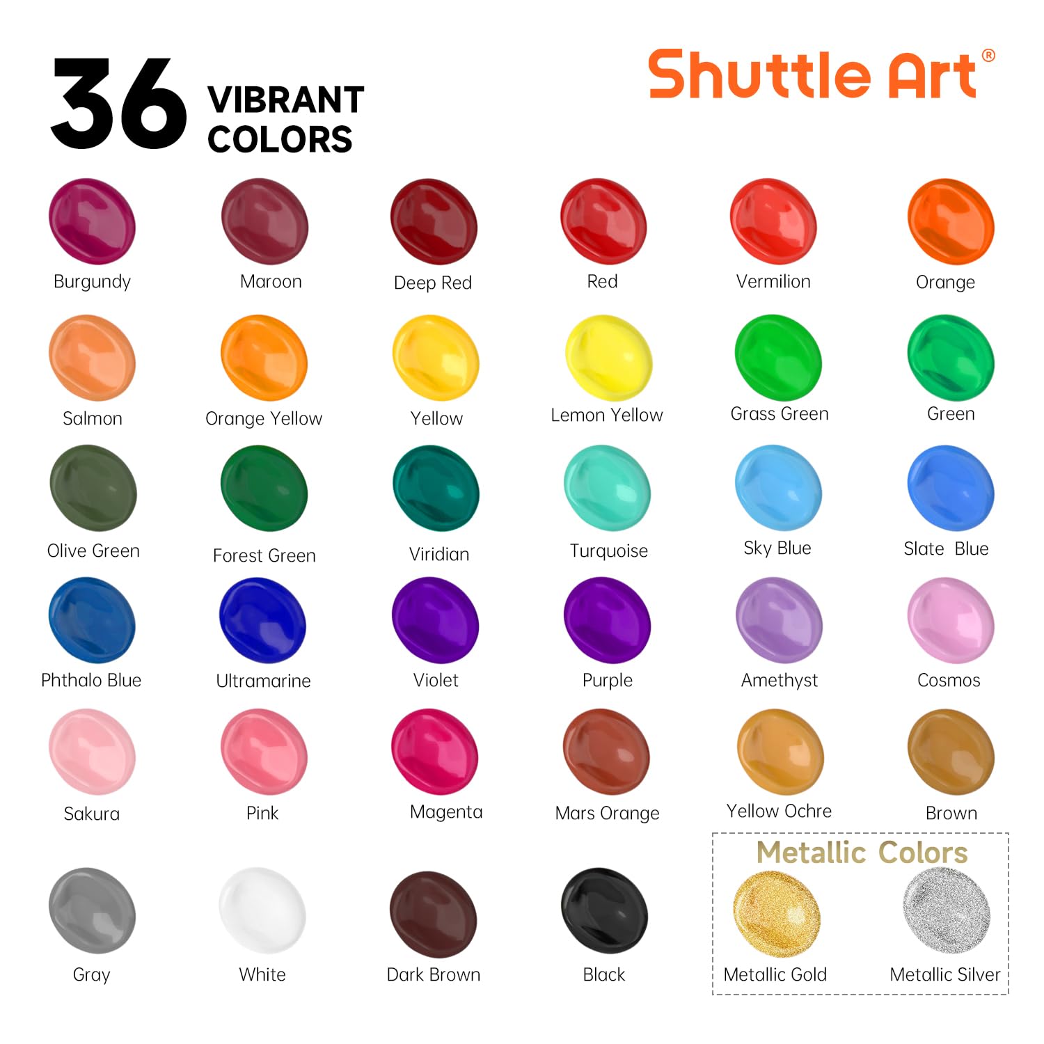 Shuttle Art Shuttle Art Acrylic Paint Set, 36 Colors Acrylic Paint with Brushes & Palette, 2oz/60ml Bottles, Rich Pigments Non-toxic for Artists Kids & Adults, Painting on Canvas Rock Ceramic Wood