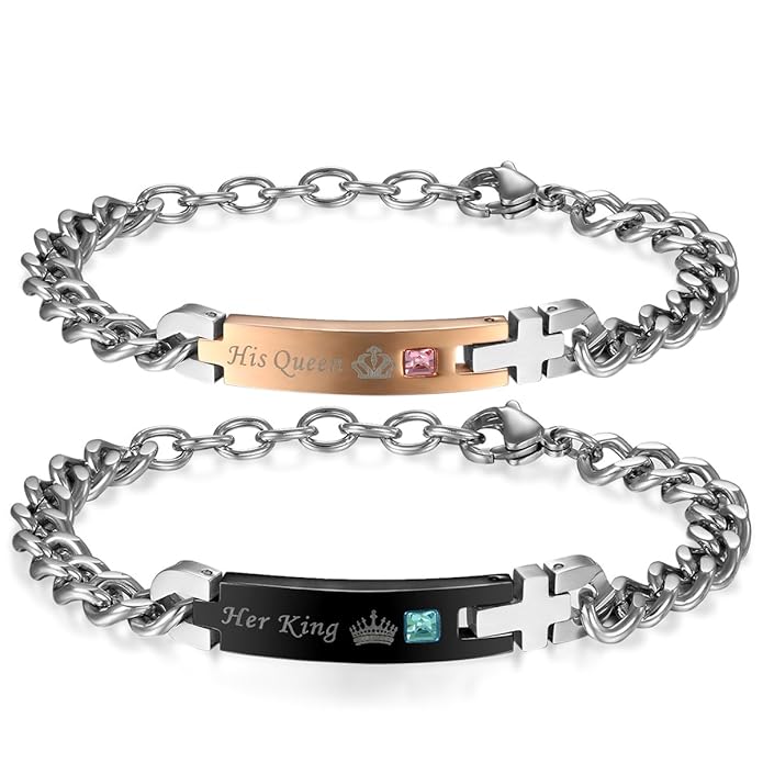 JewelryWe Schmuck Herren Damen Partner Armband, Lieben Freundschaftsarmband, Her King & His Queen, Edelstahl Strass, Schwarz 