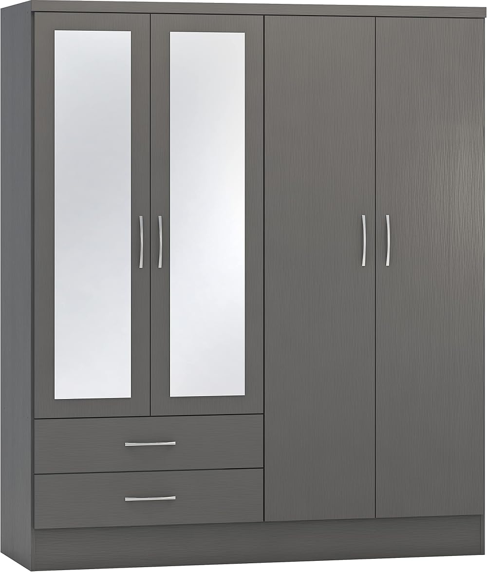 Seconique Nevada 4 Door Wardrobe 2 Drawers 3D Effect Grey 154cm