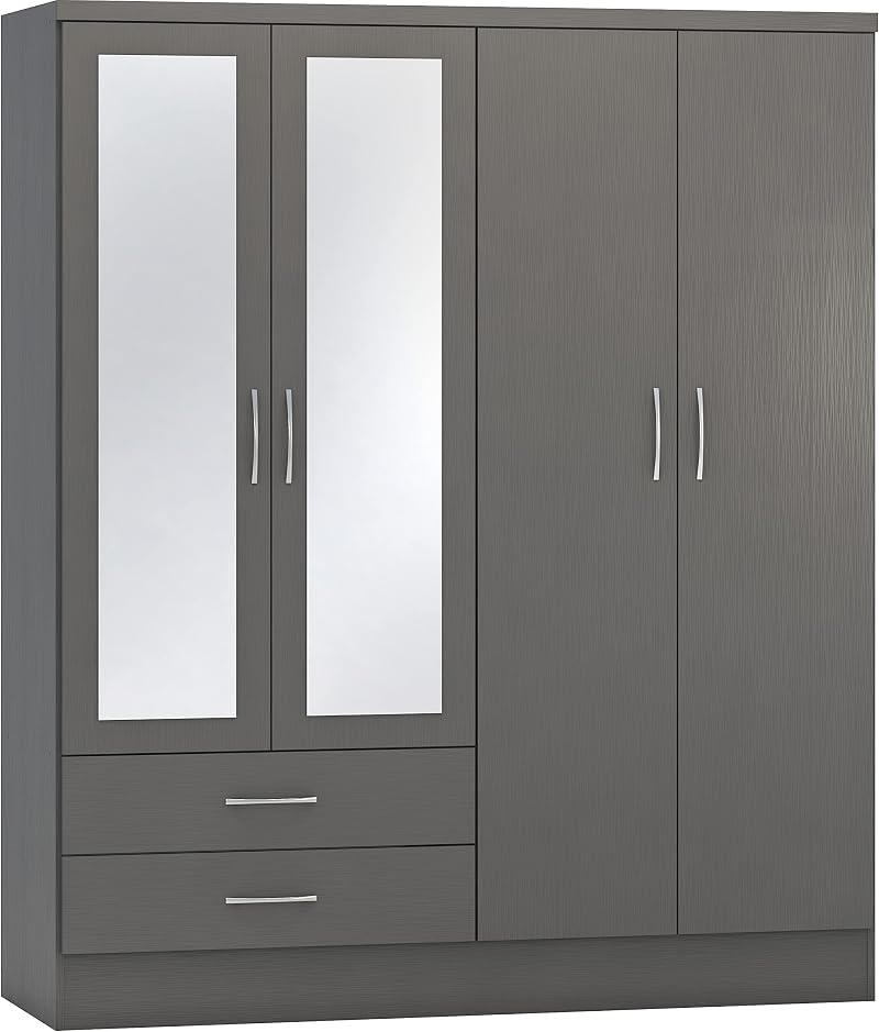 Seconique Nevada 4 Door Wardrobe 2 Drawers 3D Effect Grey 154cm