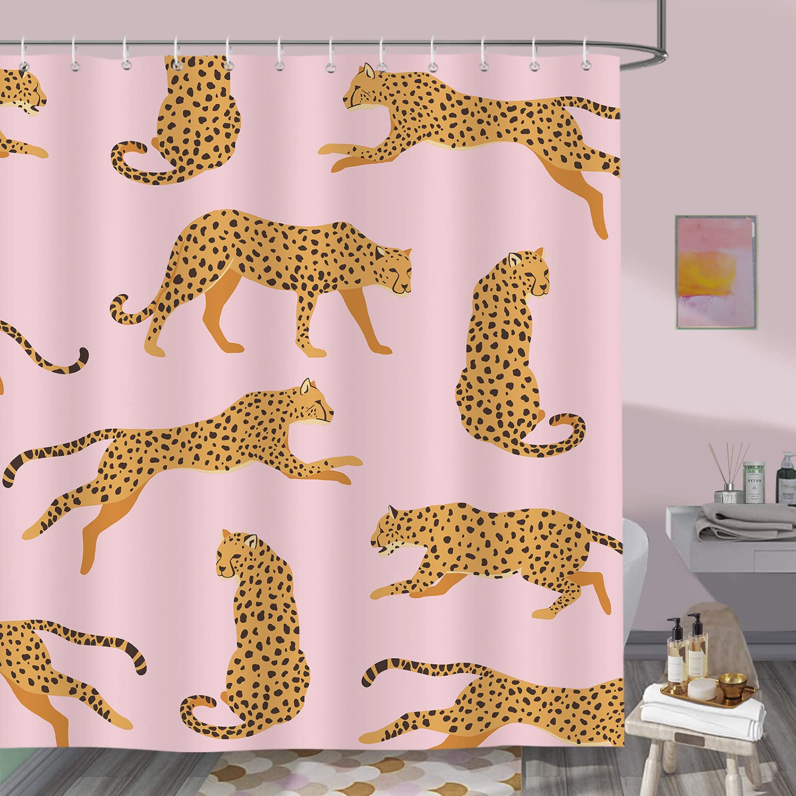 Bonhause Pink Leopard Shower Curtain 180 x 180 cm Tropical Animal Cheetah Trendy Bathroom Curtain Waterproof Mildew & Mould Resistant Polyester Fabric Bath Curtain with 12 Hooks