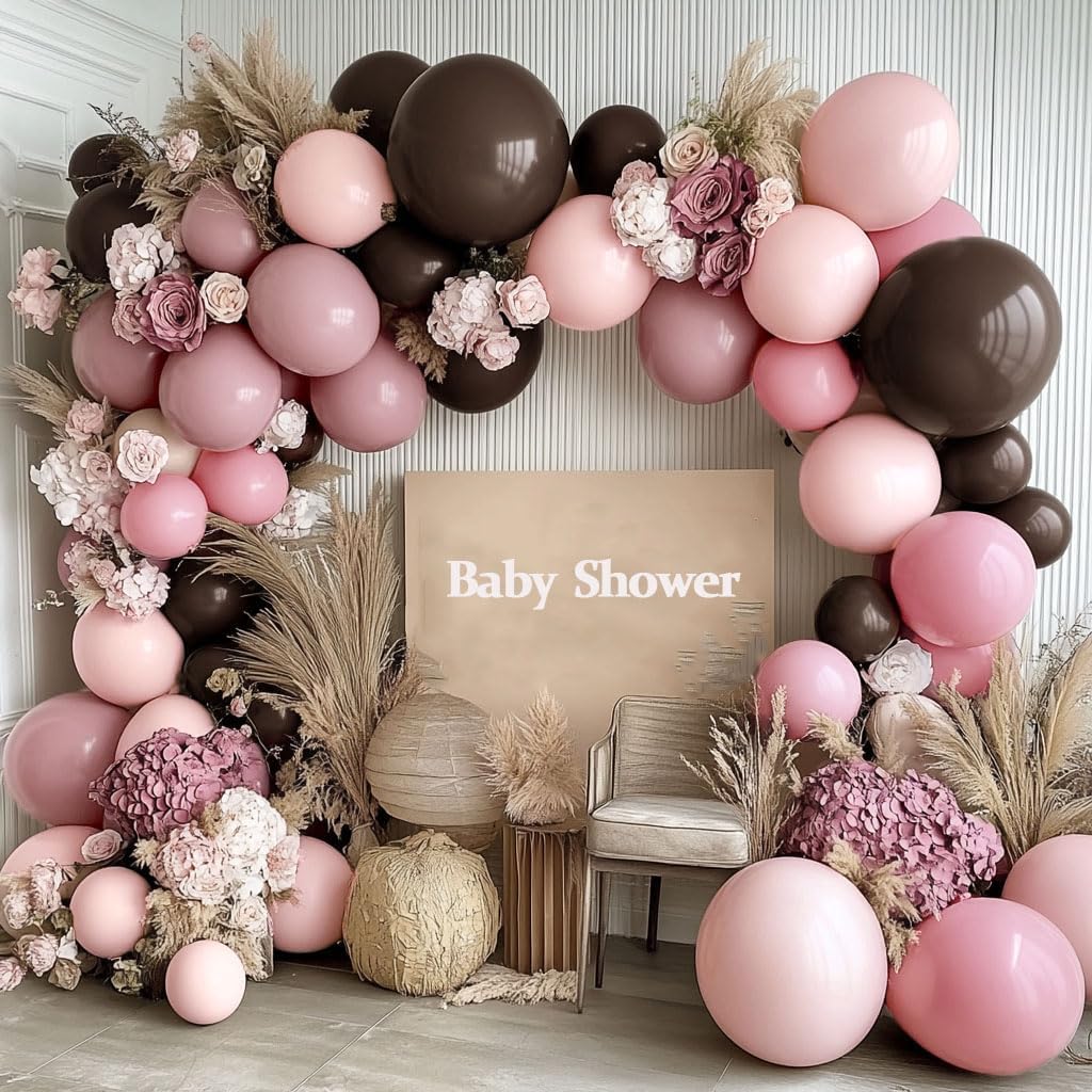 Photo 1 of Pink Brown Balloon Arch - Double Stuffed Light Pink Coffee Balloon Dark Brown Pink Tan Neutral Balloon Garland Kit for Birthday Baby Shower Gender Reveal Bear Party Decoration