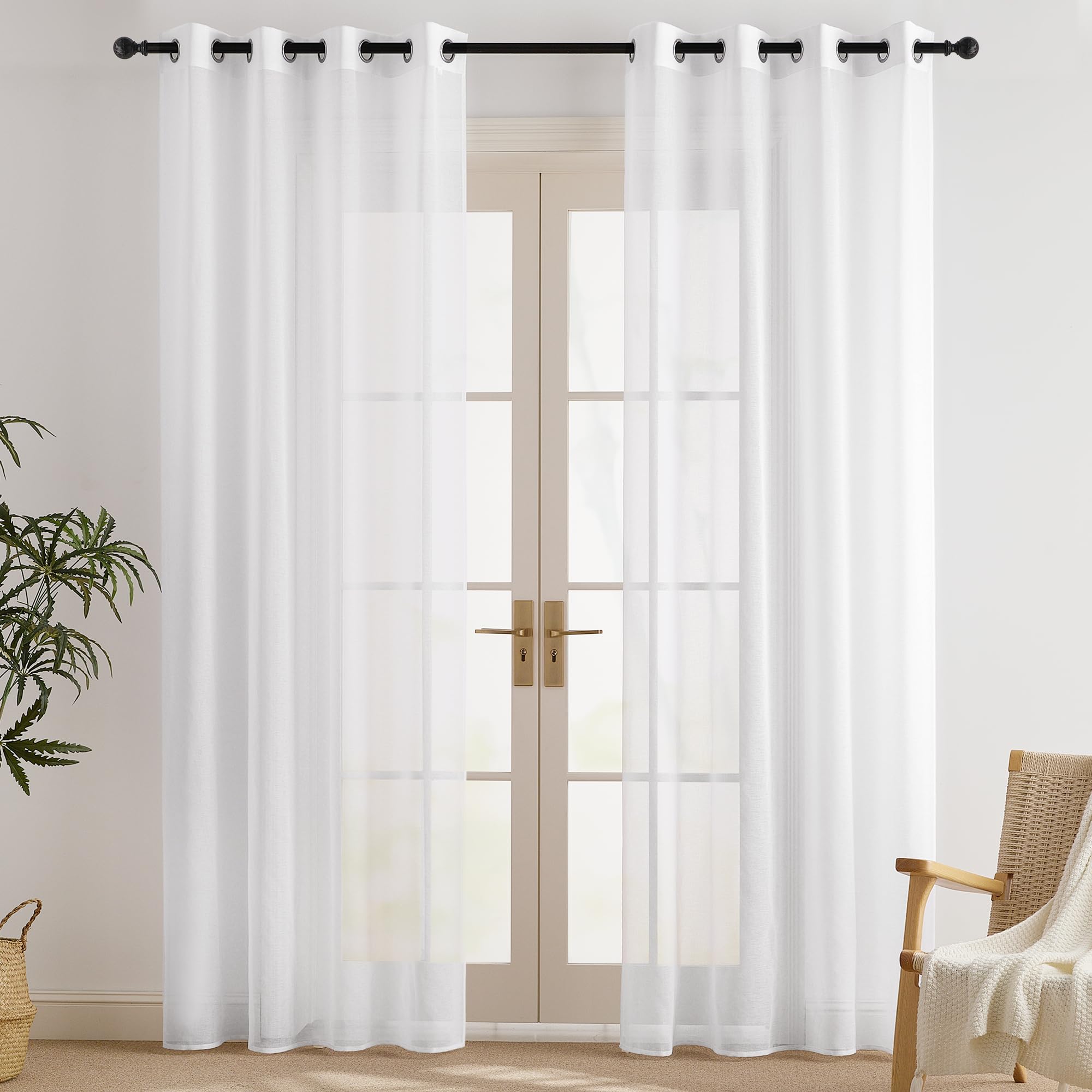 PONY DANCE White Transparent Curtains, Voile Curtains Living Room, Modern Curtain, Linen Look Curtains, White, Semi-Transparent Eyelet Curtain, Set of 2, 55 x 78 Inch Drop