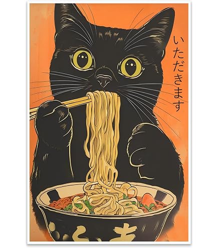 Plaque Murale Métal Vintage Chat Et Ramen - 30x20 Cm, étain, Design Japonais - Décoration Maison, Bar, Café - 8