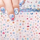 4 Pcs Summer Ocean Nail Stickers for Nail Art, 5D Embossing Self-Adhesive with Shell Fish Jellyfish Nail Decals, Nail Supplies Nail Art Design Accessories for Women and Girls Manicure DIY Decoration