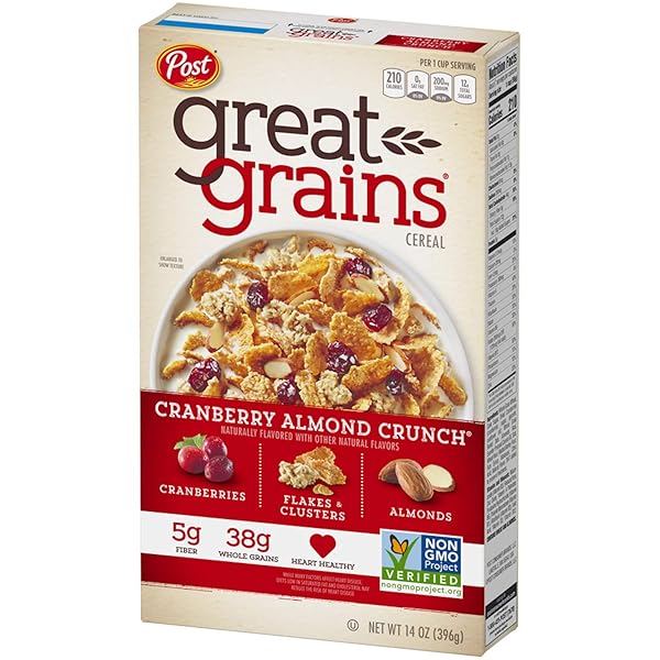 POST GREAT GRAINS CRANBERRY ALMOND CRUNCH WHOLE GRAIN, NON GMO VERIFIED, HEART HEALTHY CEREAL, 14 OUNCE BOX