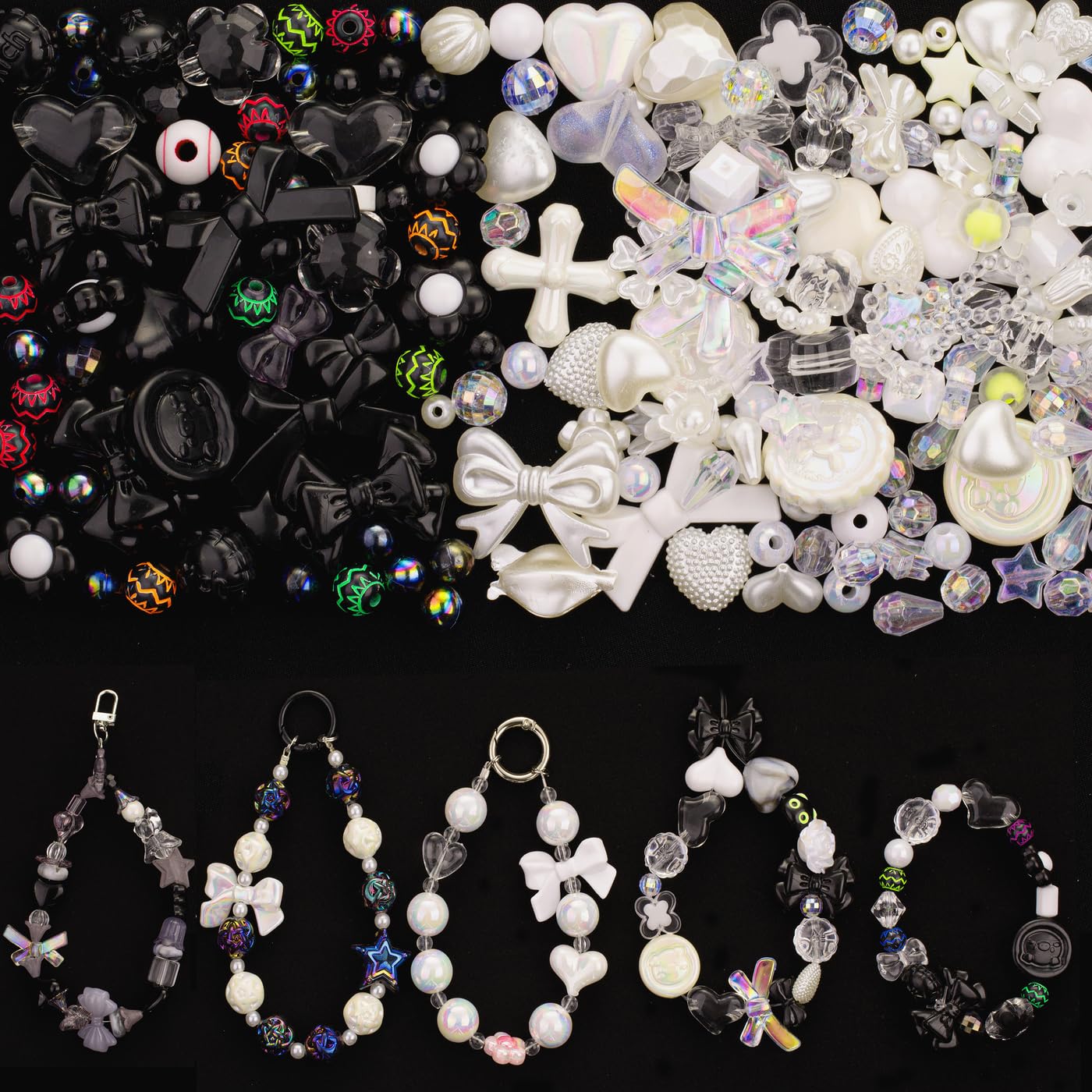 Photo 1 of LAIDANLA Black and White Assorted Acrylic Beads for Bracelets Jewelry Making, Aesthetic Random Mix Cute Beads Flower Star Heart Bow Butterfly Bear Candy Beads for DIY Necklace Keychain 160g