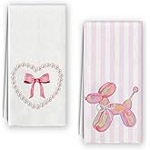 Bnzolyoia Coquette Bow Balloon Dog Kitchen Towels Set, Preppy Trendy Kitchen Decor, Gifts for Women, Pink Pearl Hand Towels Dish Towels for Kitchen Bathroom 16x24 Inch, Set of 2