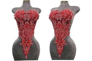 ARTISTRYXB Handmade Rhinestones Lace Bodice Applique Sew on Beads Sequins Trimming Patches for Dress Clothing Accessories 1Pcs/Bag (Red)