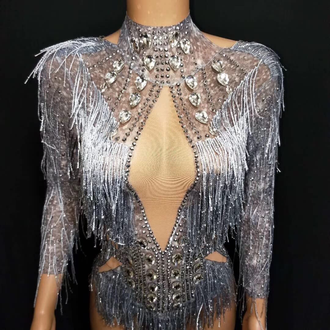 YUANTONG See Through Mesh Rhinestone Bodysuits for Women Sexy Fringe Leotard Drag Queen Outfit Birthday Dance Carnival Costumes