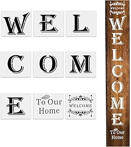 Welcome Home Stencil - 9 Pack, Reusable Large Vertical Home Wall Sign Stencils Templates for Painting on Wood, Large Seasonal Letter Stencils for Porch Signs and Front Door Outside Home Decorations