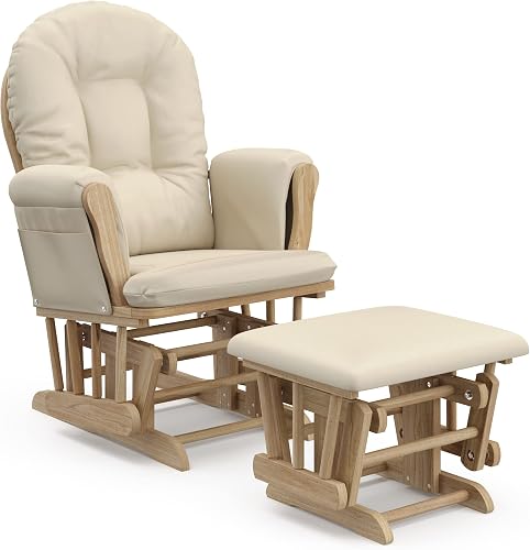 Storkcraft Premium Hoop Glider & Ottoman, Natural/Beige | GREENGUARD Gold Certified, Solid Wood Craftsmanship, Convenient Storage Pockets, Glider Rocking Chair for Nursery