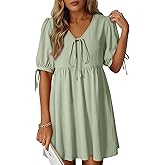 Dokotoo Summer Dresses for Women 2026 Casual V Neck Bow Tie Short Sleeve Empire Waist A-Line Mini Dress