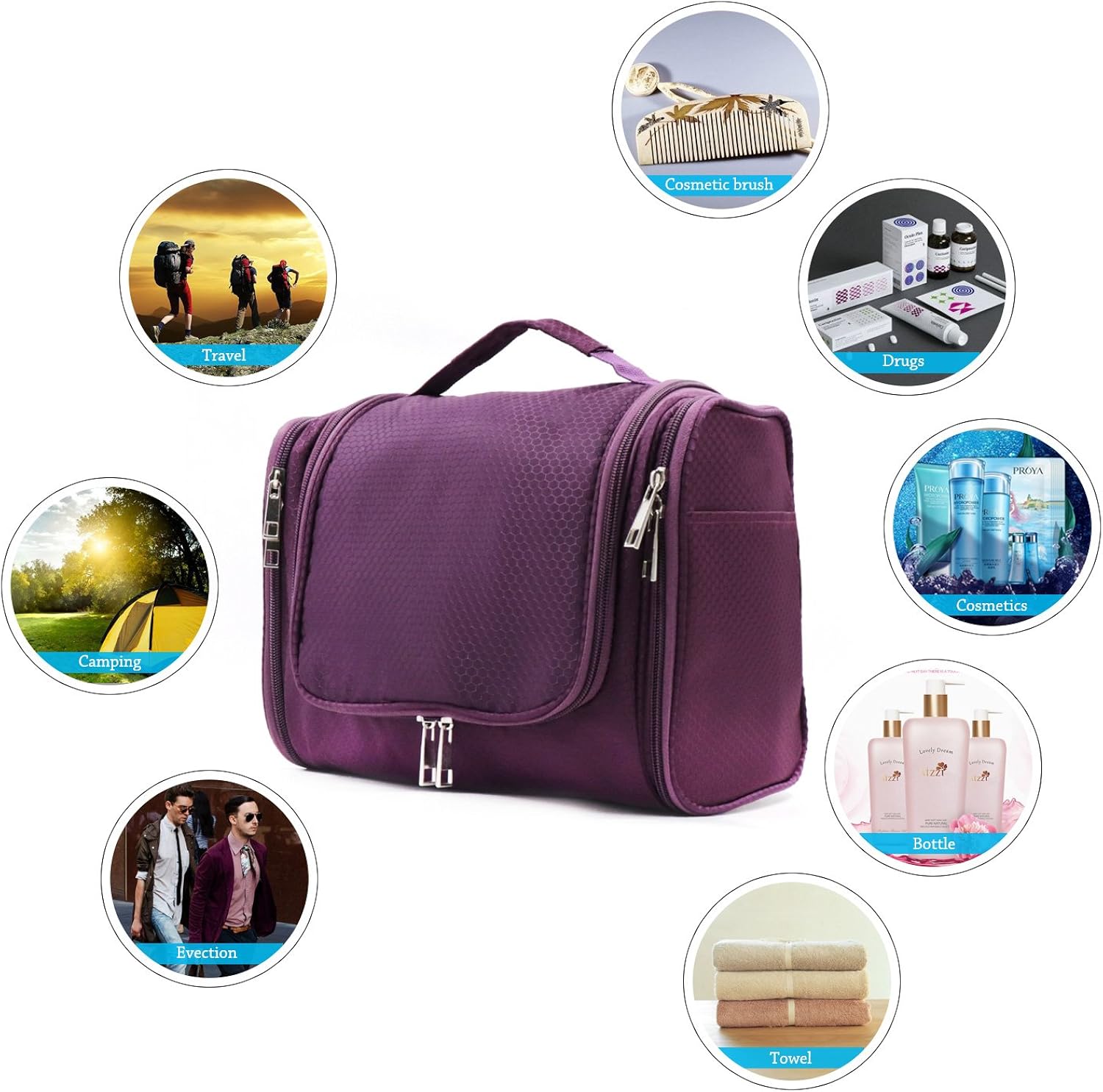 Extra Large Capacity Hanging Toiletry Bag for Men & Women, Portable Waterproof Bathroom Shower Bag, Lightweight Dopp kit Shaving Bag, Sturdy Metal Hook Organizer Makeup Bag (Purple): Clothing