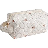 Gleyemor Cute Small Quilted Makeup Bag for Women, Floral Cotton Cosmetic Bag, Toiletry Pouch Travel Essentials Christmas Gifts (White Floral)