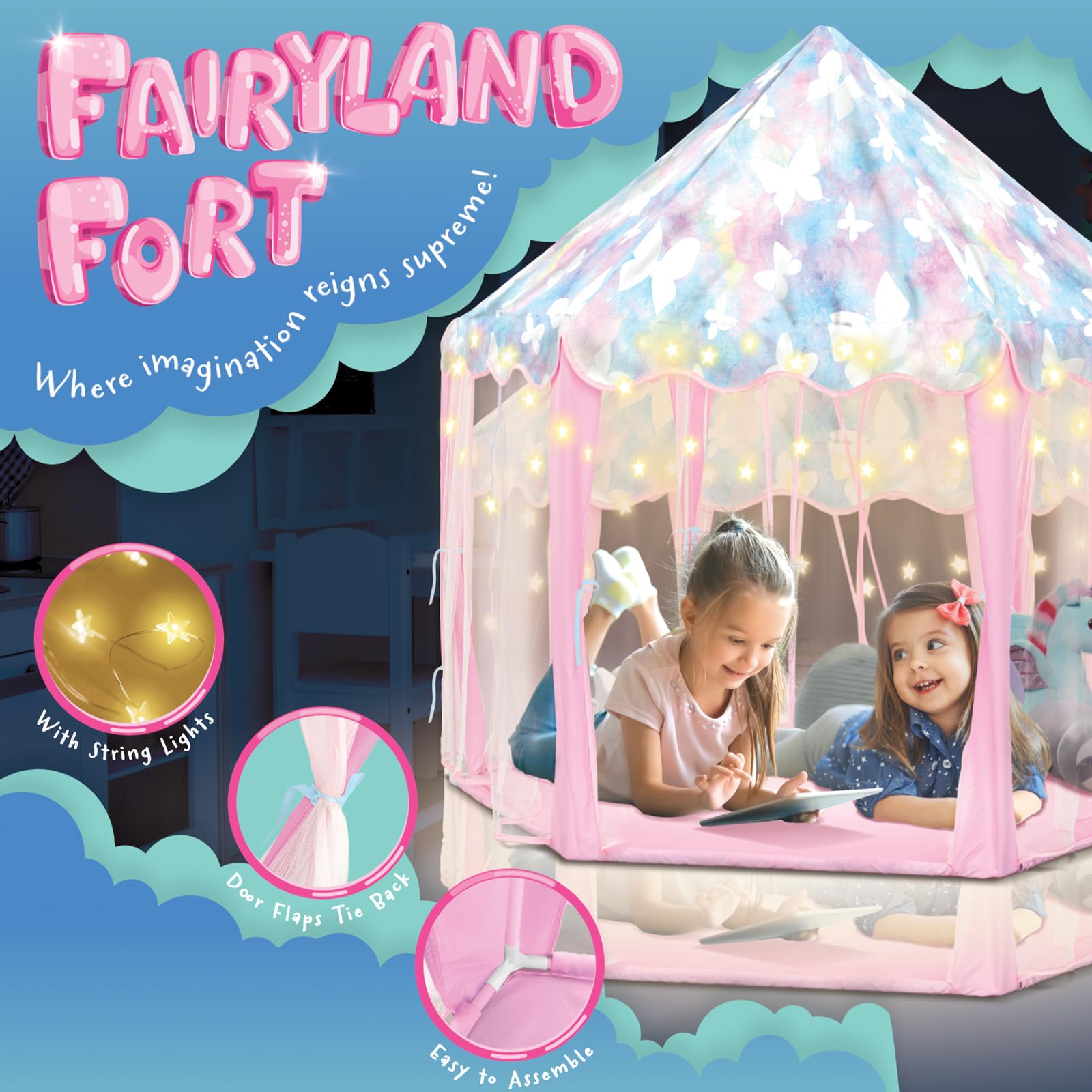 Heyu! Fairyland Fort Playhouse Play Tent with Star Lights Indoor and Outdoor Toys, Kids Butterfly Princess Castle for Children Gifts