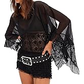 Women's Sheer Poncho Top Y2K Batwing Sleeve Loose Fit See-through Mesh Cape Shirt Cover-up Sexy Lace Floral Blouses