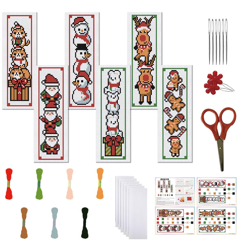 FREEBLOSS 6 Set Christmas Cross Stitch Bookmark Kits, Santa Claus Pattern Stamped Embroidery Bookmark, DIY Embroidery Bookmark Cross Stitch Kits for Beginners Embroidery Kit