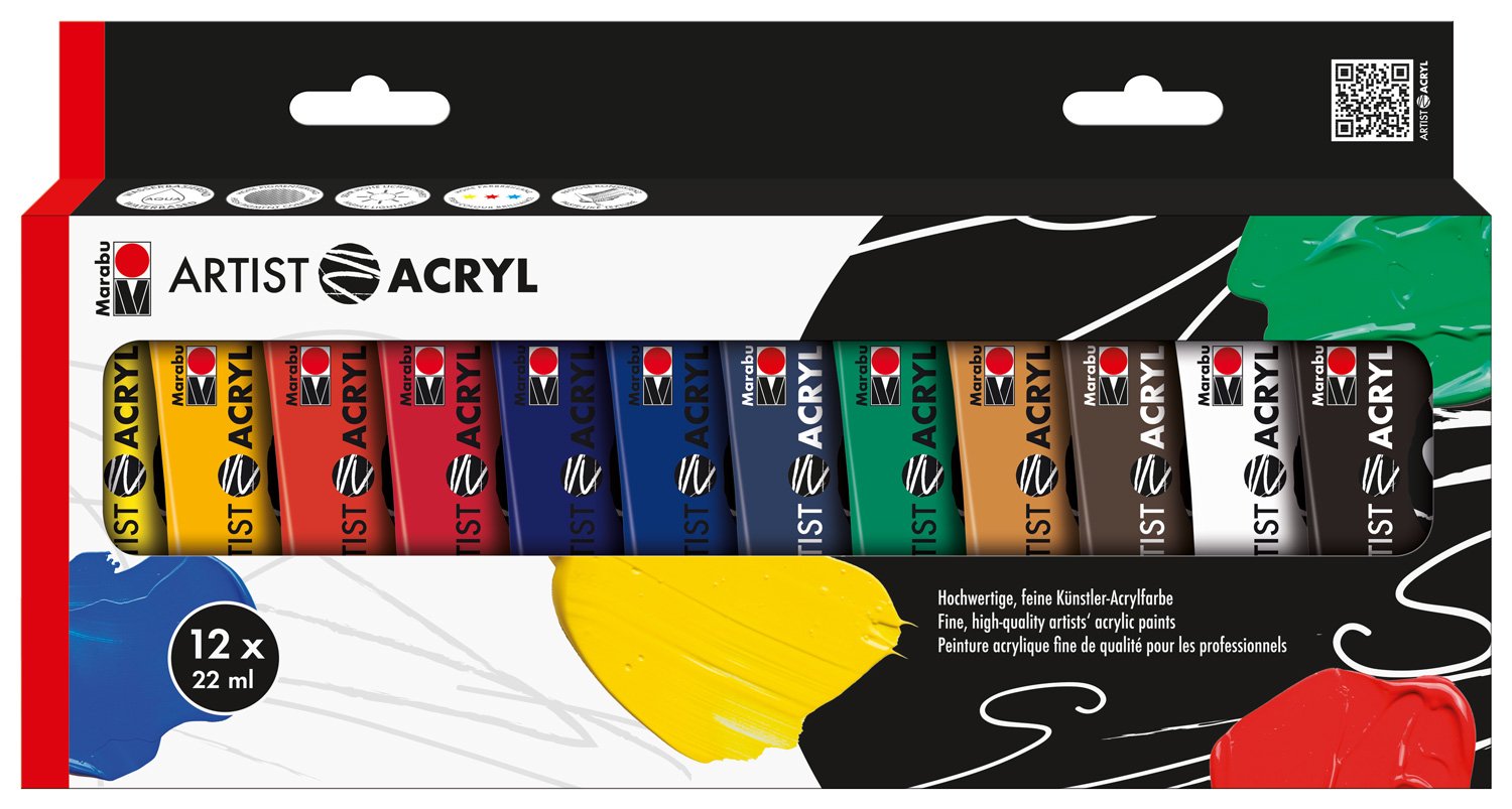 Marabu, 4 x 75 ml artist acrylic metallic colours, assortment, multi-colour, 122000089 Acrylic Paints Assortment, 12 x 22 ml Colourful