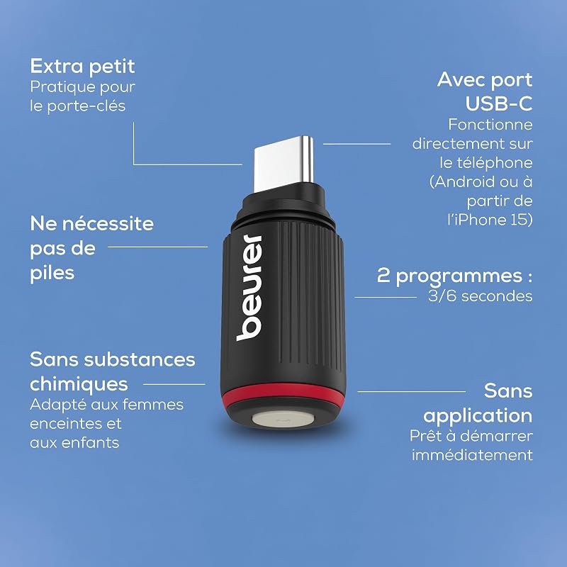 BiteX Go Deep Black, dispositif anti moustique contre piqure moustique, pour smartphone USB-C, traitement des démangeaisons, piqûres et morsures d’insectes, avec lumière