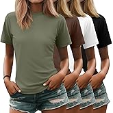 Ficerd 4 Pack Women's Mock Turtle Neck Shirts, Dressy Casual Short Sleeve Basic Top Slim Fit Stretch Trendy Tees