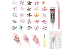MelodySusie 100Pcs 3D Lily Nail Charms Set, 20 Colors Flower Rhinestones with Tweezers for Bedazzling Nail Art, Manicure Decorations and DIY Crafting