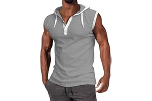 WENKOMG1 Mens Henley Tank Tops Solid Sleeveless Workout Hoodie Shirt Summer V Neck Button Down Active Hooded Gym Tees