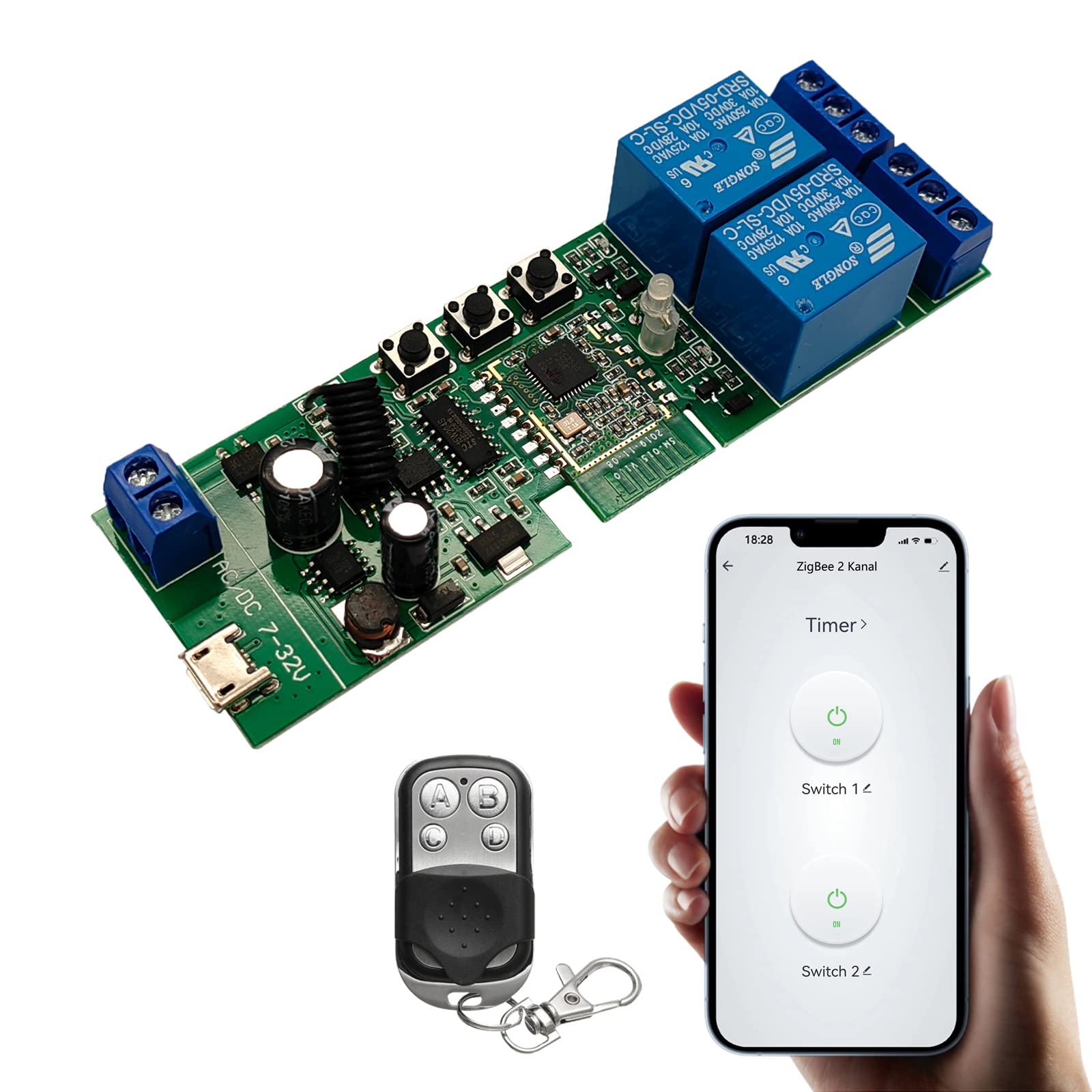Jane Eyre Tuya Smart ZigBee 2 Channel Smart Relay with 433 RF Remote Control USB5V DC7-32V Instantaneous/Self-Lock Switch for Use with Alexa Google Home (Requires ZigBee Hub)