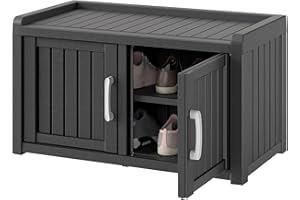 KAMABOKO Outdoor Shoe Storage Cabinet, Waterproof UV-Resistant Entryway Storage Bench Indoor Outdoor with 2 Barn Doors, Adjustable Shelves for Entryway, Bedroom, Hallway,Living Room(Black)