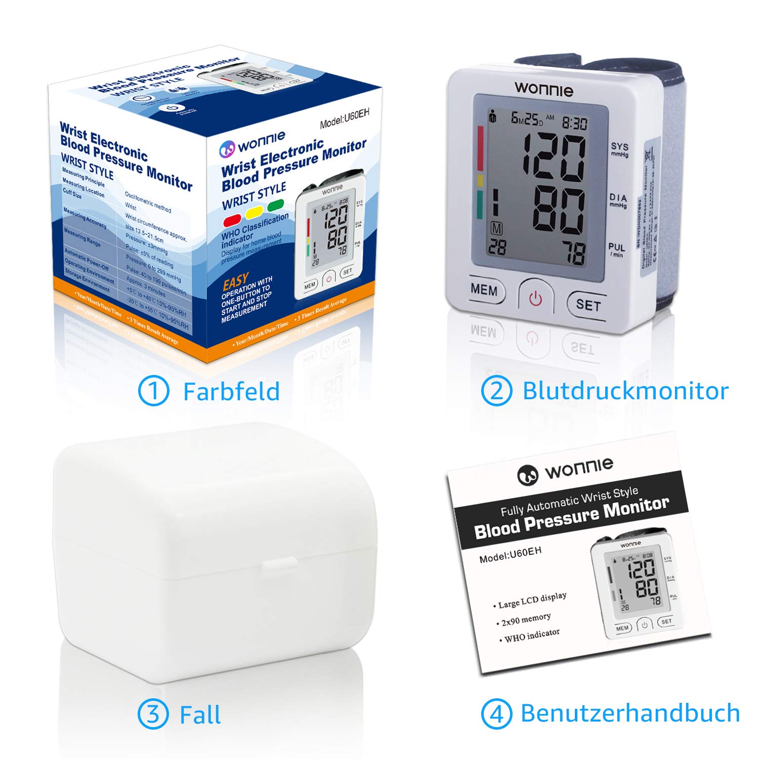 Handgelenk Blutdruckmessgerät, WONNIE hohe Messgenauigkeit vollautomatisches BP blutdruckmanschette Pulsmessung für zwei Benutzer (2x90 speicherbare) Heimgebrauch, FDA Zulassung Blood Pressure Monitor