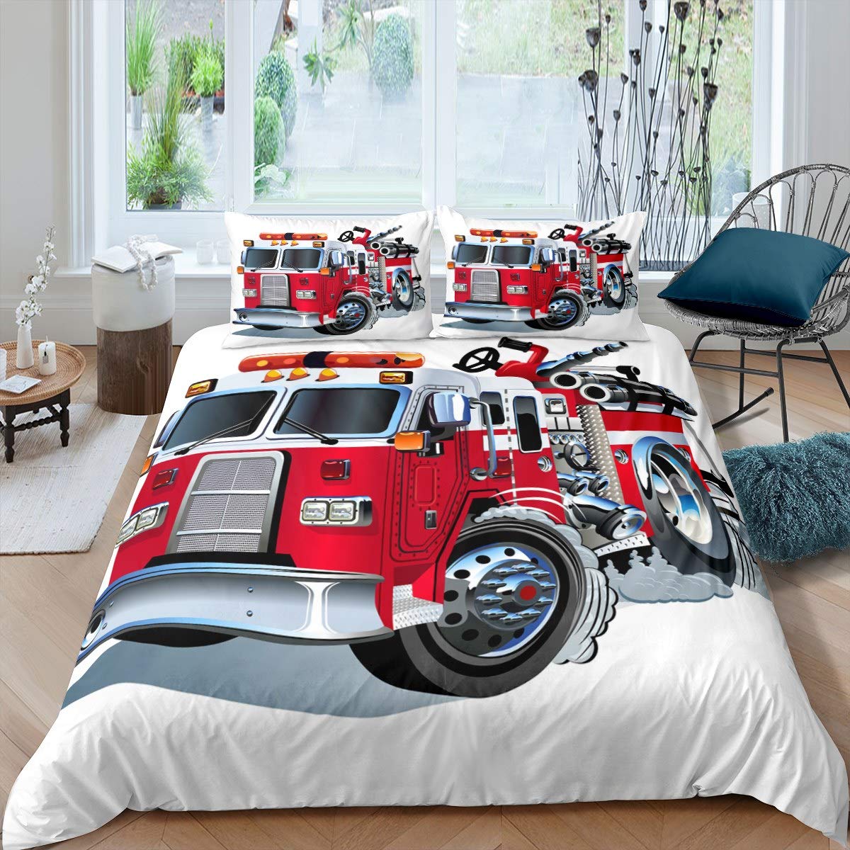 Loussiesd Boys Fire Truck Bedding Set Kids Red Fire Engine Pattern Comforter Cover for Children Teens Car Vehicle Print Duvet Cover Fire Fighting Truck Bedspread Cover Room Decor Quilt Cover Single — image 1