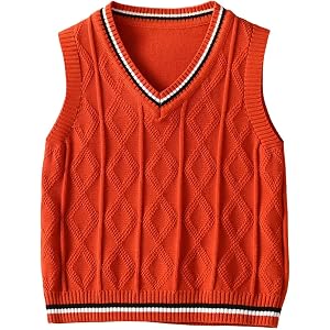 Kids Cable Argyle Knit Sweater Vest Boys Girls V Neck Sleeveless Stripe Trim Pullover Waistcoat Preppy Uniform 18M-9Y
