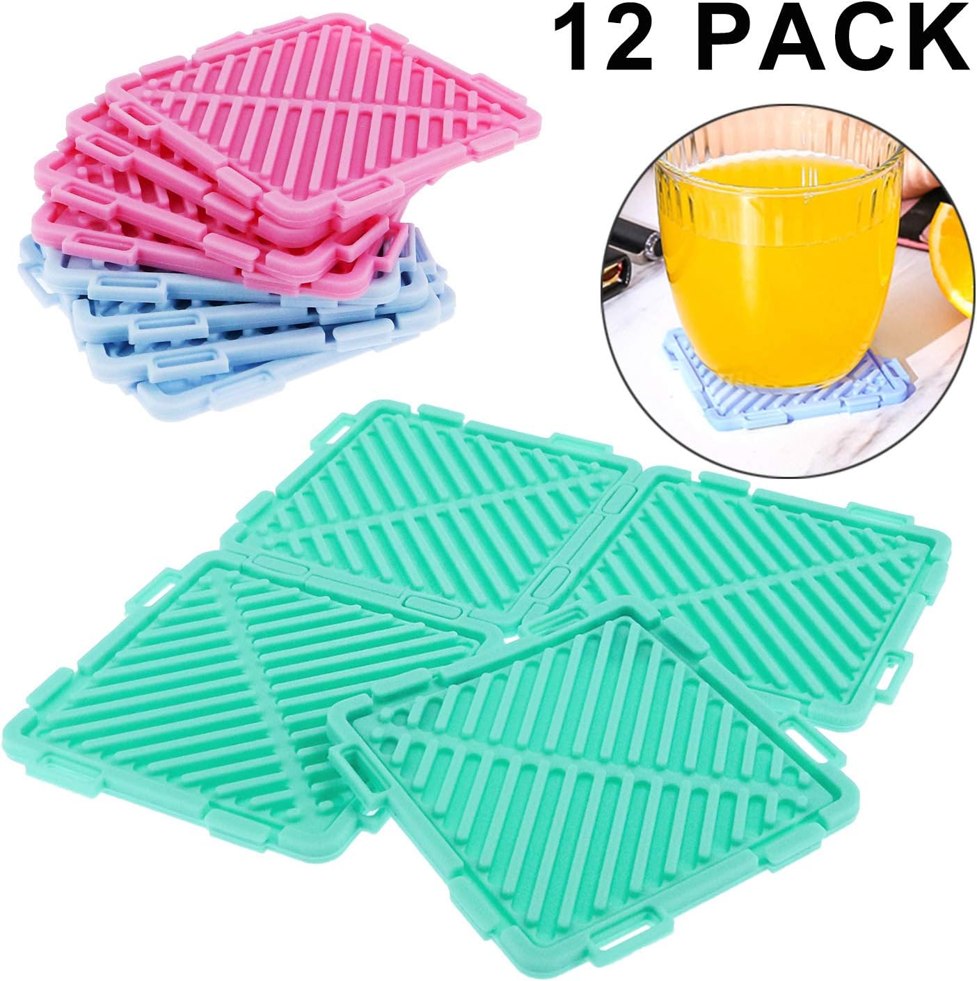 Drink Coasters Non-Slip Splicable Coasters for Drinks Cup mat for Furniture Protection with 3 Color (Set of 12)