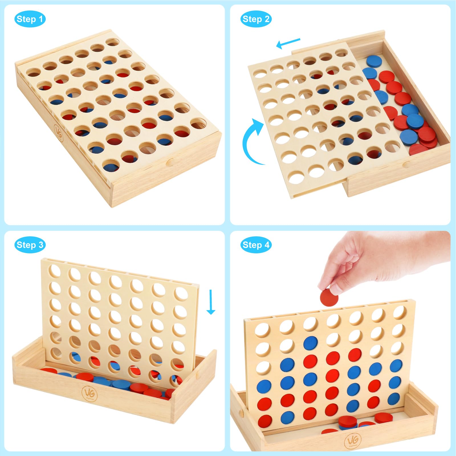 VingaHouse 4 in Einer Reihe Spiel Holz, Vertikales Strategiespiel für 2 Spieler, Pädagogisches Lernspielzeug, Geschenk für Kinder & Erwachsene, Brettspiel für Zuhause & Reisen (Holz) 7