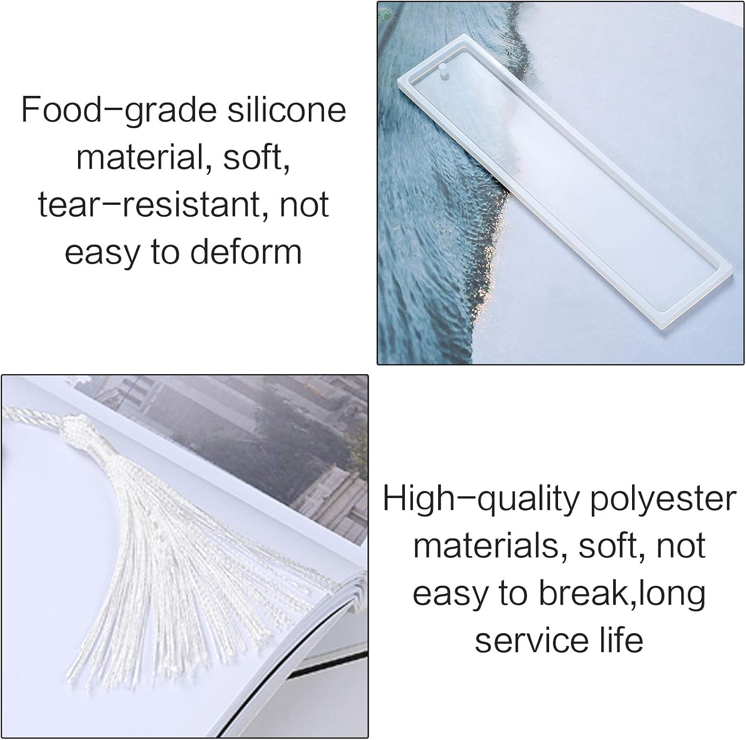 Jubaopen 12PCS Bookmark Resin Mold Bookmark Mold with 15PCS Colorful Tassels Rectangle Resin Casting Mould Silicone Resin Casting Bookmark Molds for Bookmark Craft DIY(3 Sizes, 15 Colors) - Image 5