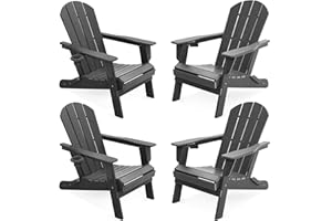 LOUNZY Folding Adirondack Chair Set of 4, HDPE All-Weather Folding Adirondack Chair with Cup Holders, Outdoor Patio Adirondack Chair for Deck Lawn Fire Pit, Gray