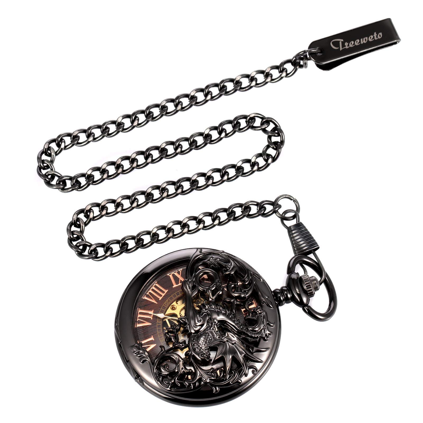 Antique Dragon Mechanical Skeleton Pocket Watch with Chain