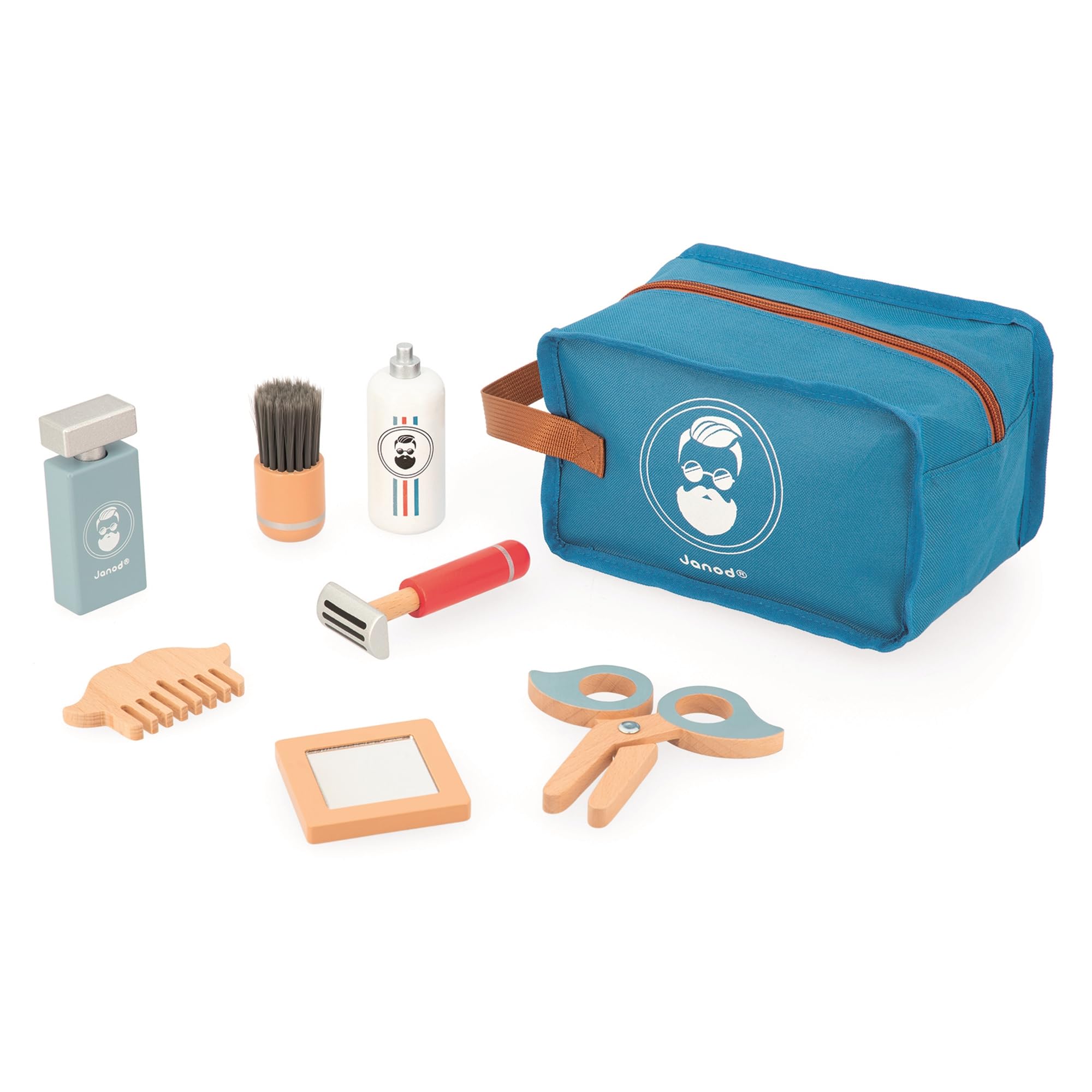 Janod - Children’s Barber Case - 7 Wood Accessories + Bag - Pretend Play Toy - Imagination-Enhancing - Wooden Toy - 3 Years +, J06552