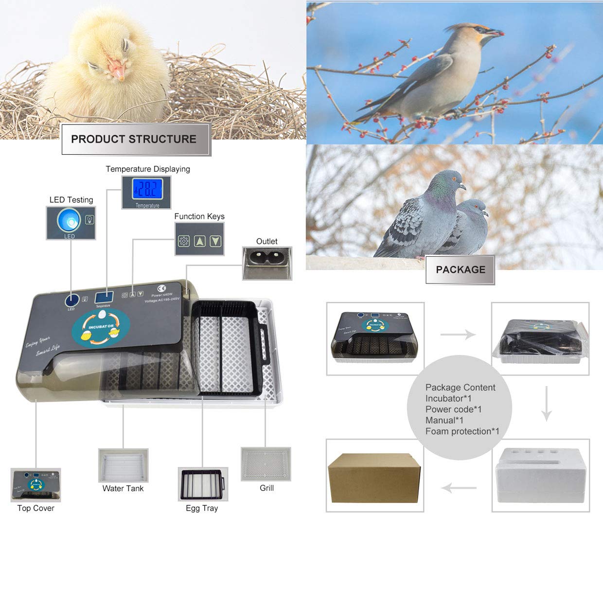 Upgraded Egg Incubator Automatic Incubator YZmoffer Digital Fully Automatic 12 Eggs Incubator for Chicken Eggs, Poultry Hatcher for Chickens Ducks Goose Birds (Black-12eggs)