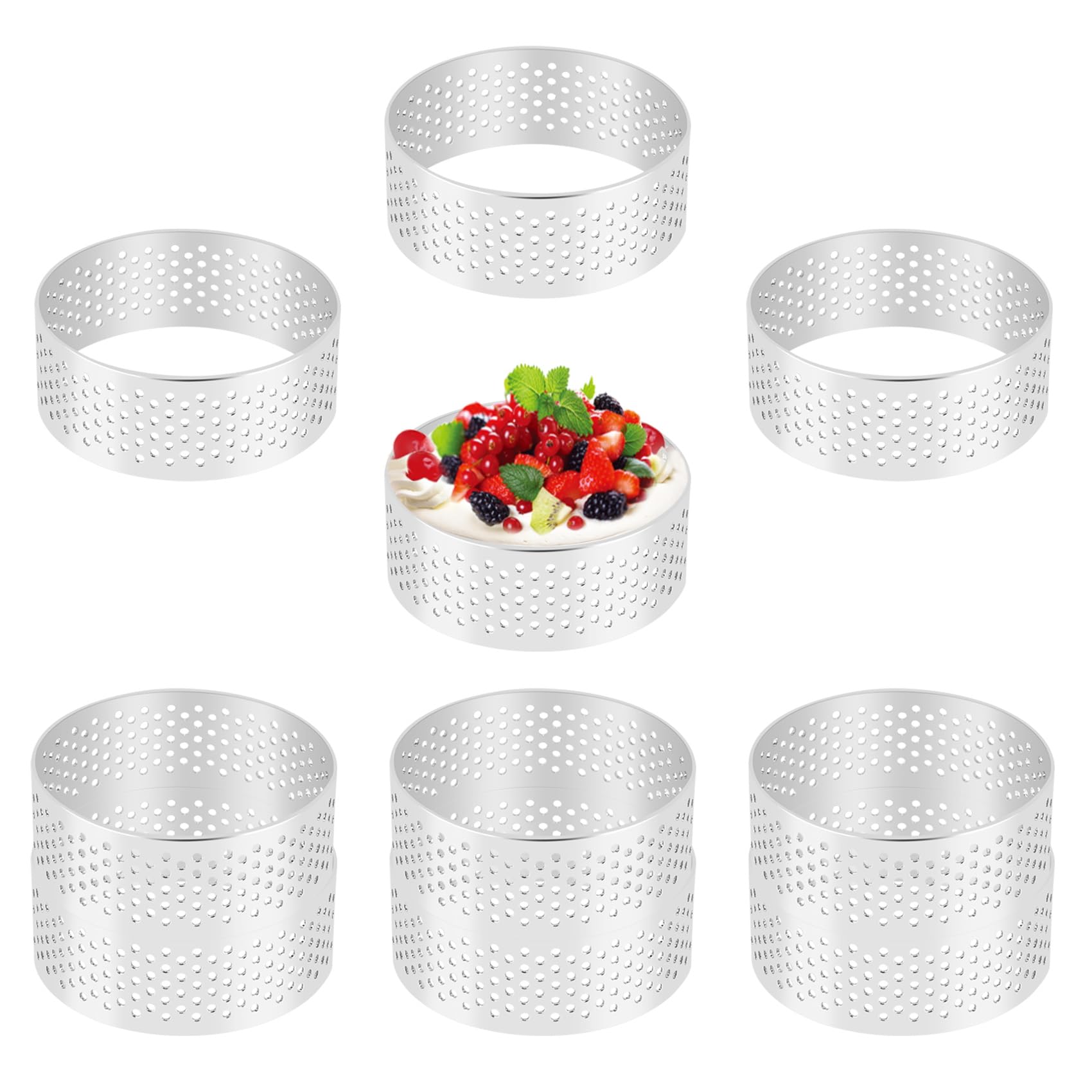 Papiivan 10 Pack 5Cm Stainless Steel Tart Ring, Heat-Resistant Perforated Cake Mousse Ring, Round Ring