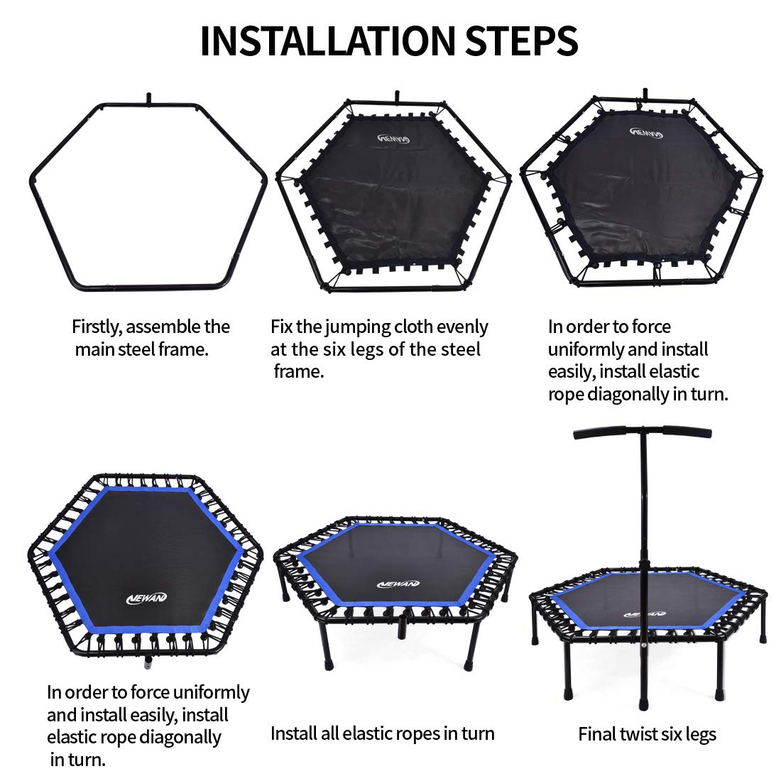 Newan 40"-48" Silent Mini Trampoline Fitness Trampoline Bungee Rebounder Jumping Cardio Trainer Workout for Adults - Max Limit 330 lbs