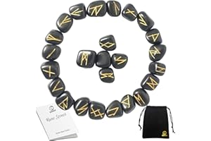 ESOAS Rune Stones Set, X24 + 1 Blank Black Stone Engraved with Velvet Pouch, Divination Tools for Beginners, Wiccan Supplies, Runic Elder Futhark Alphabet, Norse, Viking, Celtic, Nordic