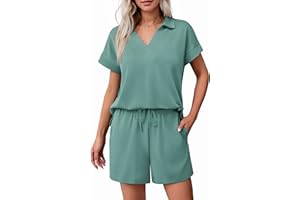 PINSPARK 2 Piece Sets for Women Summer Lounge Sets Short Sleeve Sweatsuit V-neck Tops and Drawstring Shorts Outfits Tracksuit