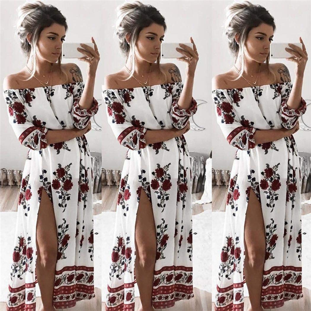 Maxi White Summer Dress for Women, Sexy Off Shoulder Long Split Boho Beach Dress