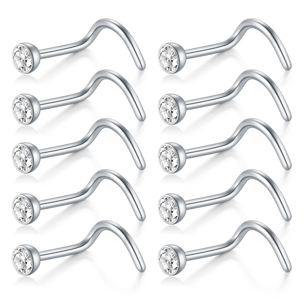 Briana Williams 18G 20G 22G 316L Surgical Steel Jeweled Clear Diamond CZ Nose Stud Rings Screw Piercing Jewelry 10-12PCS