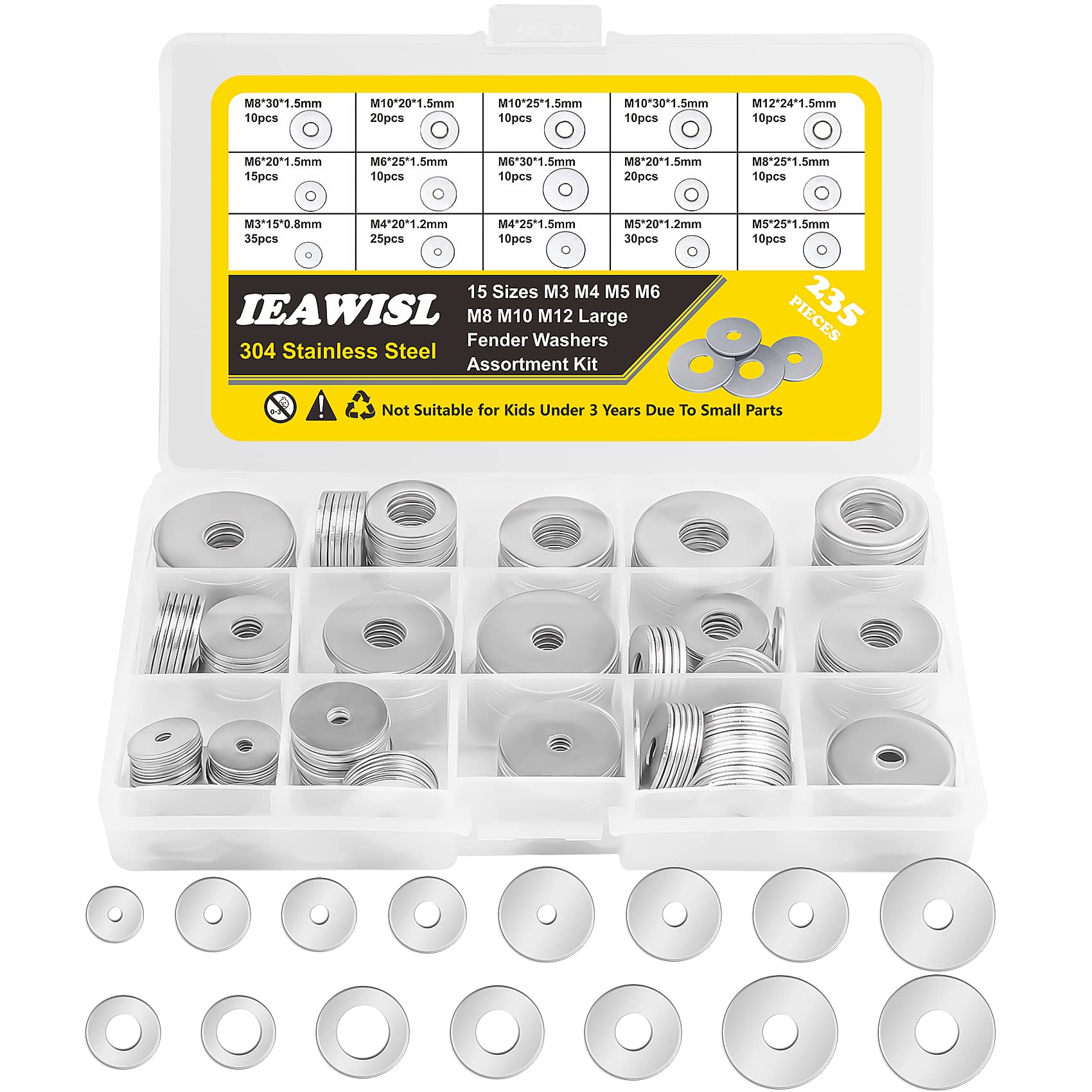 18-8(304) Stainless Steel Fender Washers, 235Pcs Flat Washers for Screws and Bolts, Assorted 15 Sizes (M3 M4 M5 M6 M8 M10 M12) for Home and Industrial Use — image 1